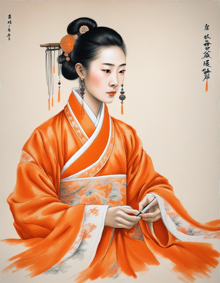 Chinese Woman Embroidering in Tang Dynasty Style