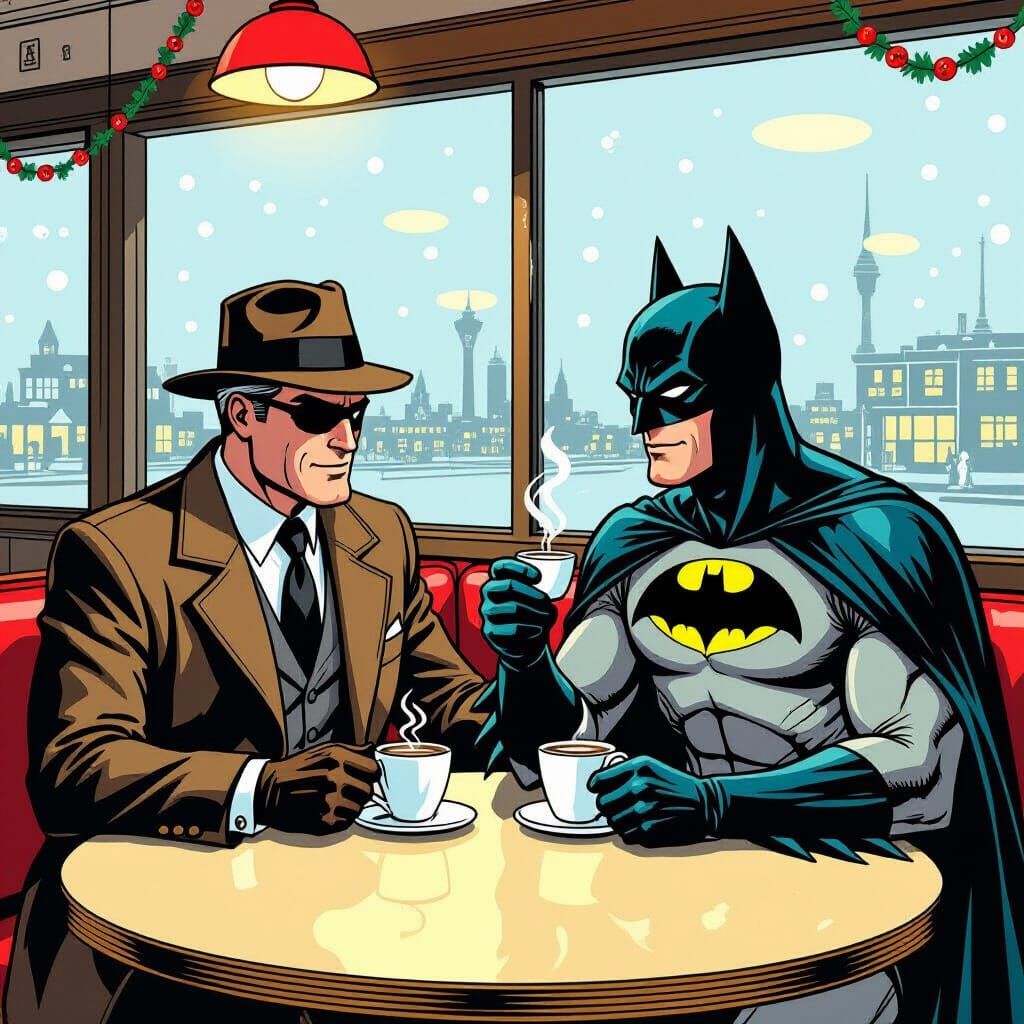 Batman and Gordon Share Coffee in Noir Diner Style
