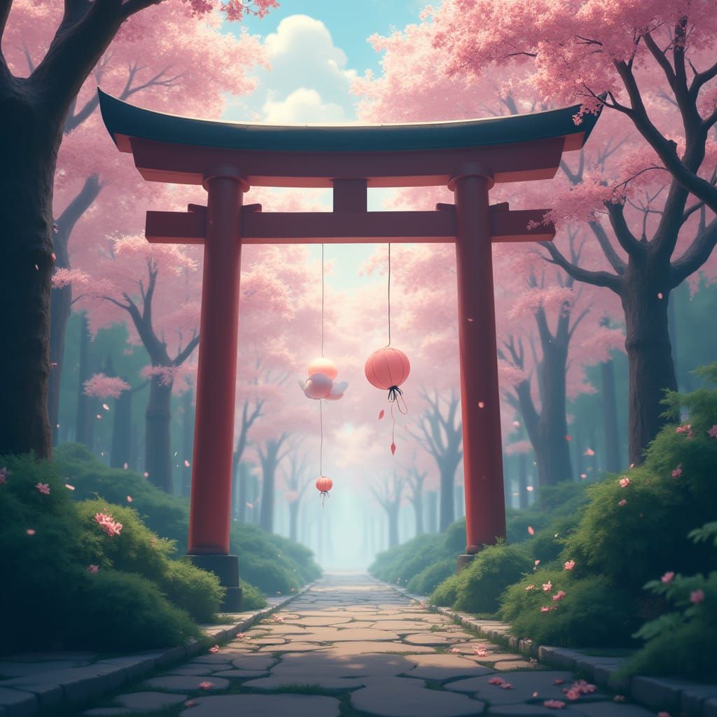 Sakura Balloons Under Torii Gate in Anime Style