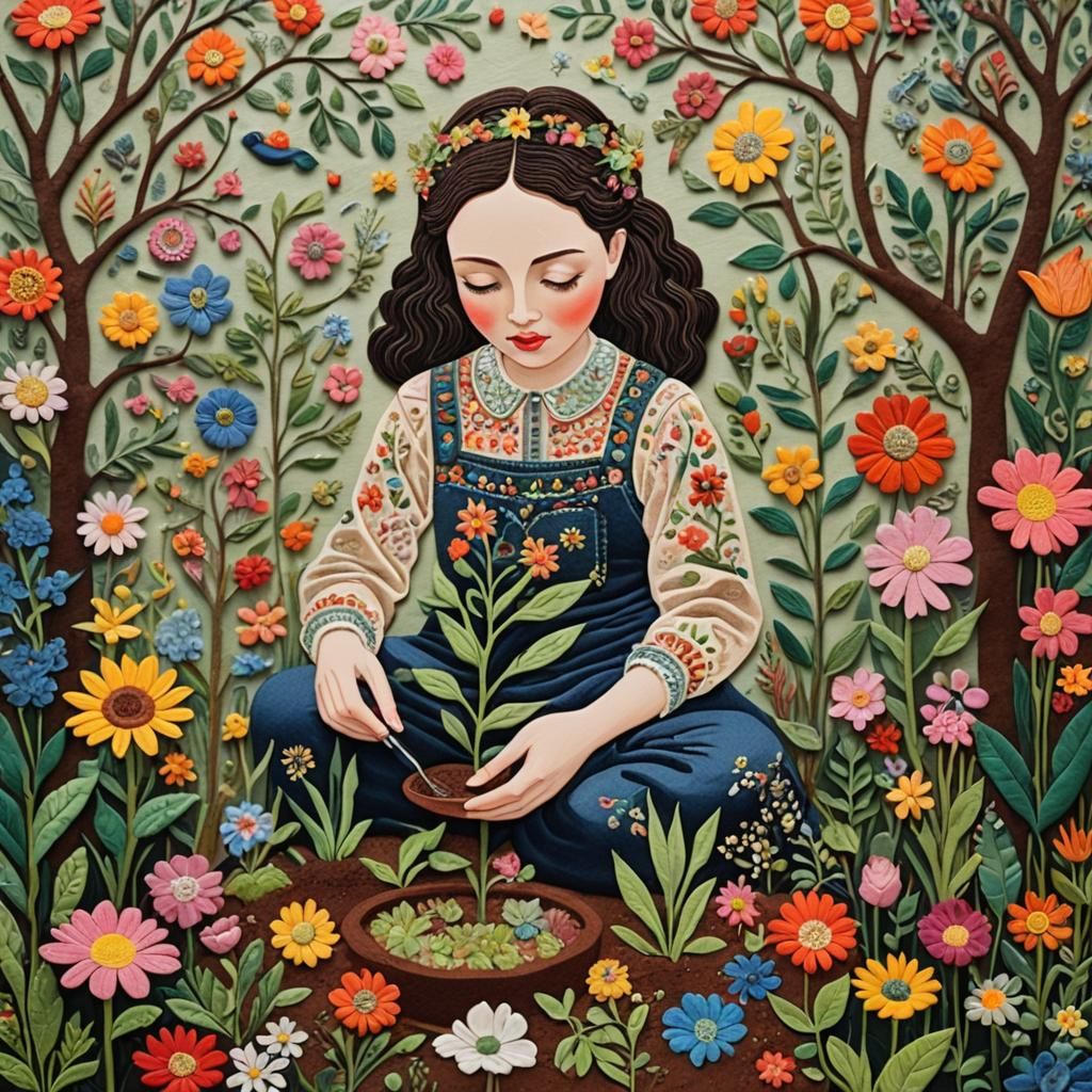 Girl Planting Seeds in Springtime, Folk Art Style