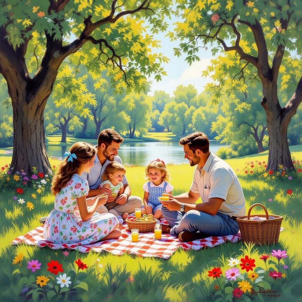 Family Picnic in Park, Rockwell Style