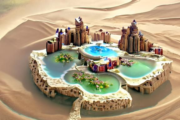 Fantasy Oasis City in Desert Landscape