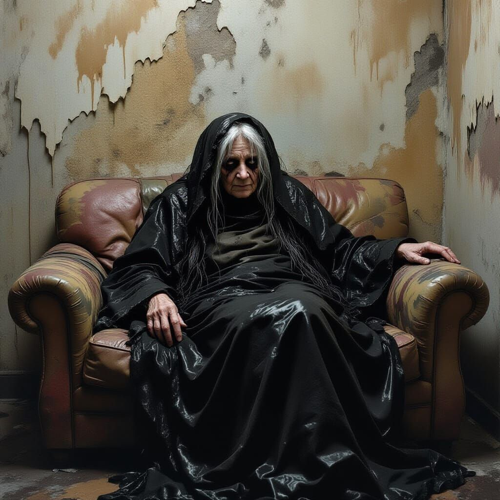 Eerie Old Woman in Dimly Lit Room