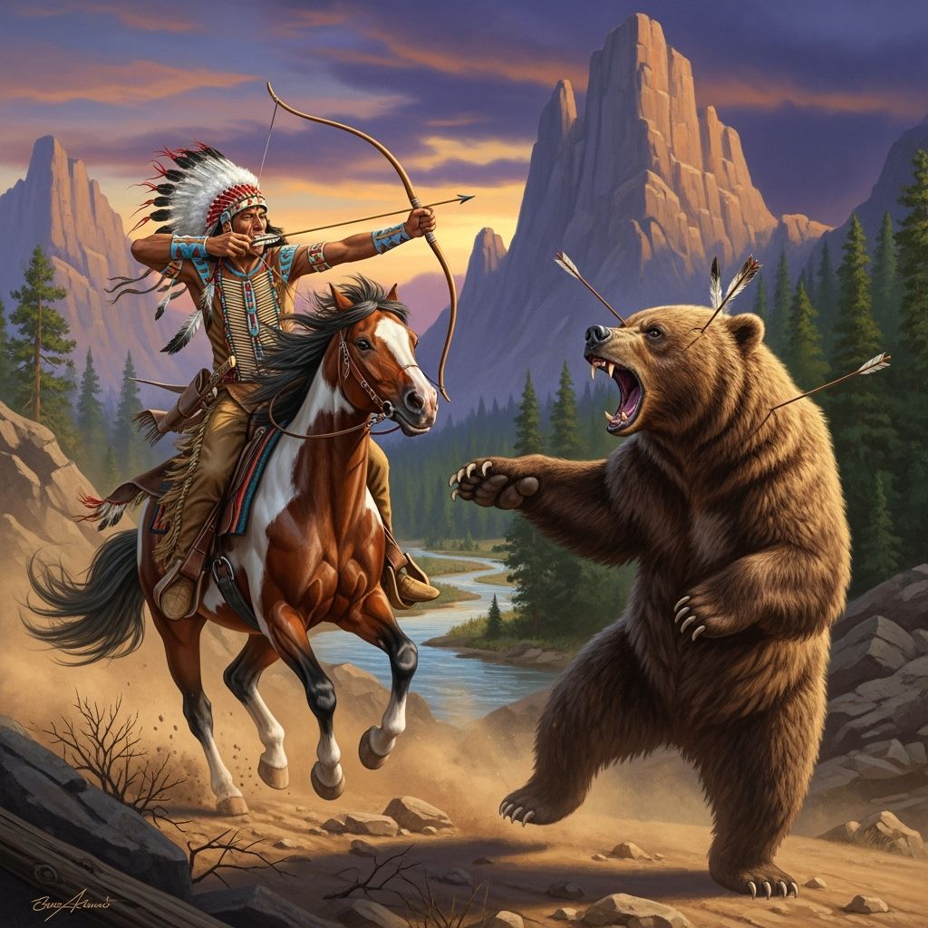 Indian Warrior Attacks Grizzly Bear with Bow and Arrow