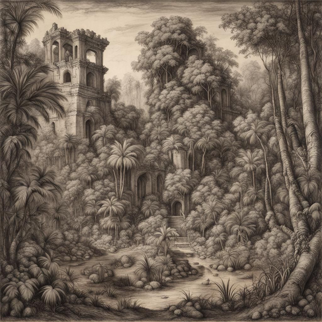 Hyperdetailed Jungle Ruins in Charcoal Style