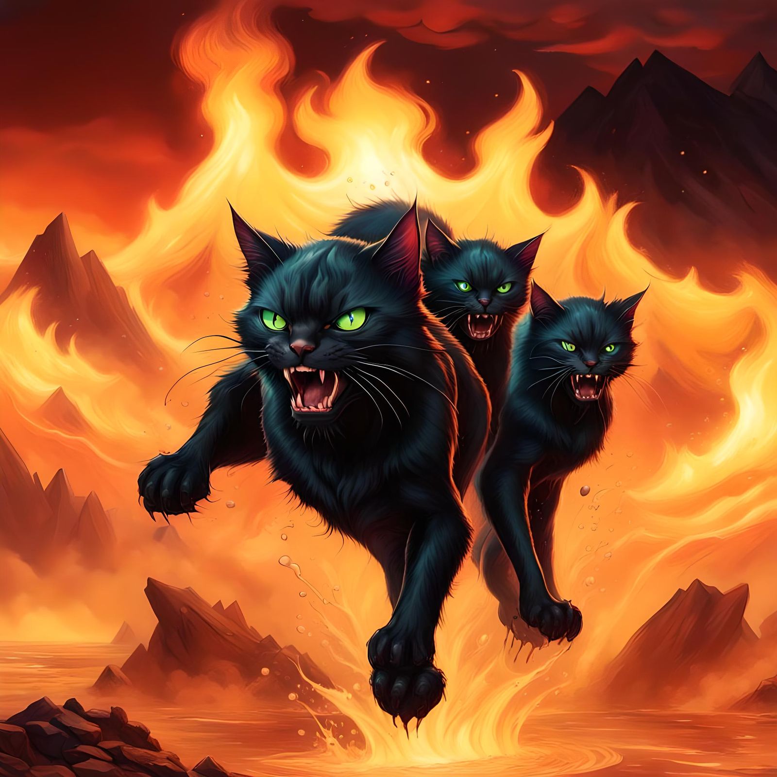 Three-Headed Black Cat in Fiery Aquascape: Airbrush Art