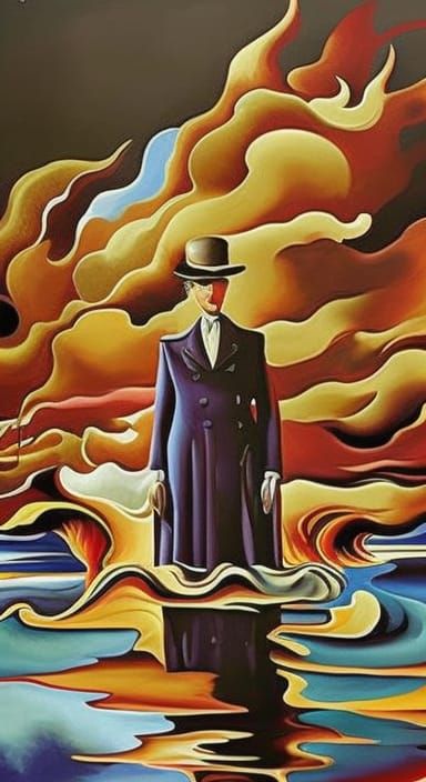 Very angry woman on fire  inspired  by Magritte surrealism Salvador Dali matte background melting oil on canvas in Gouac...