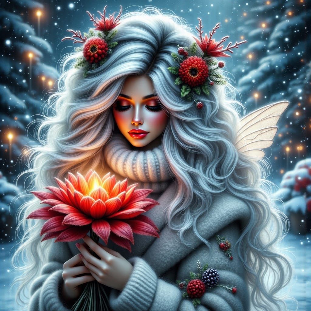 Winter Fairy Holds Glowing Flower in Fantasy Illustration