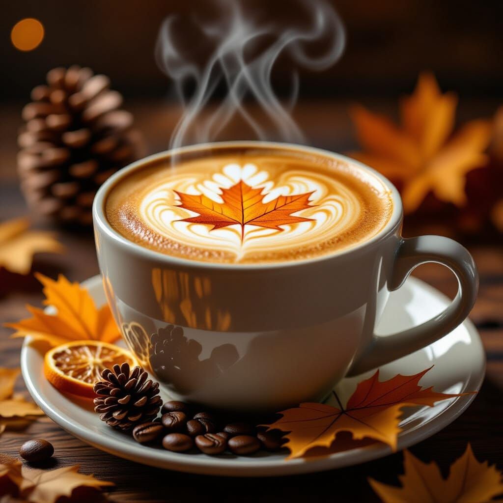 Autumn Coffee Art: Maple Leaf & Pine Cones