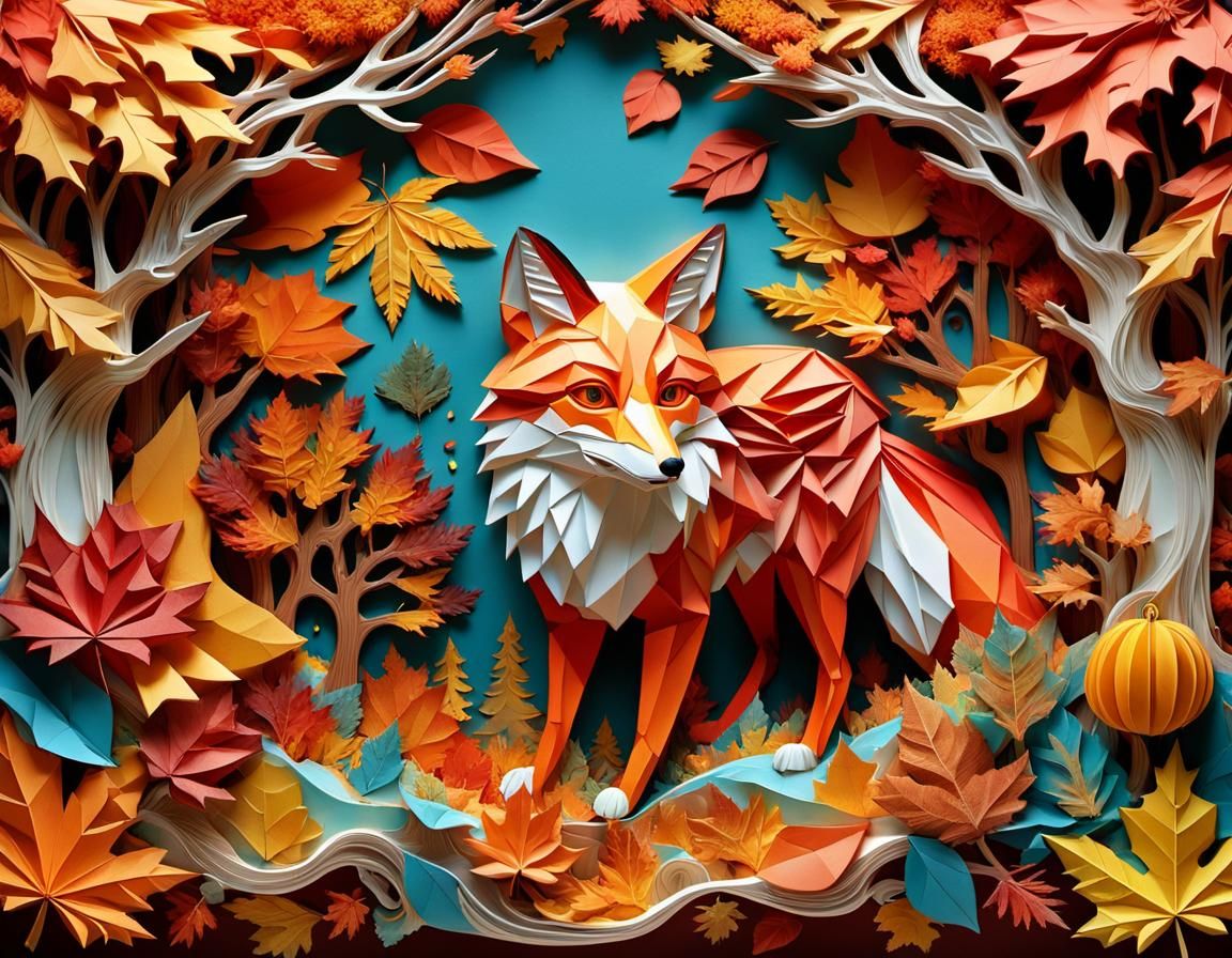 Colorful Autumn Forest Fox in Paper Collage Art