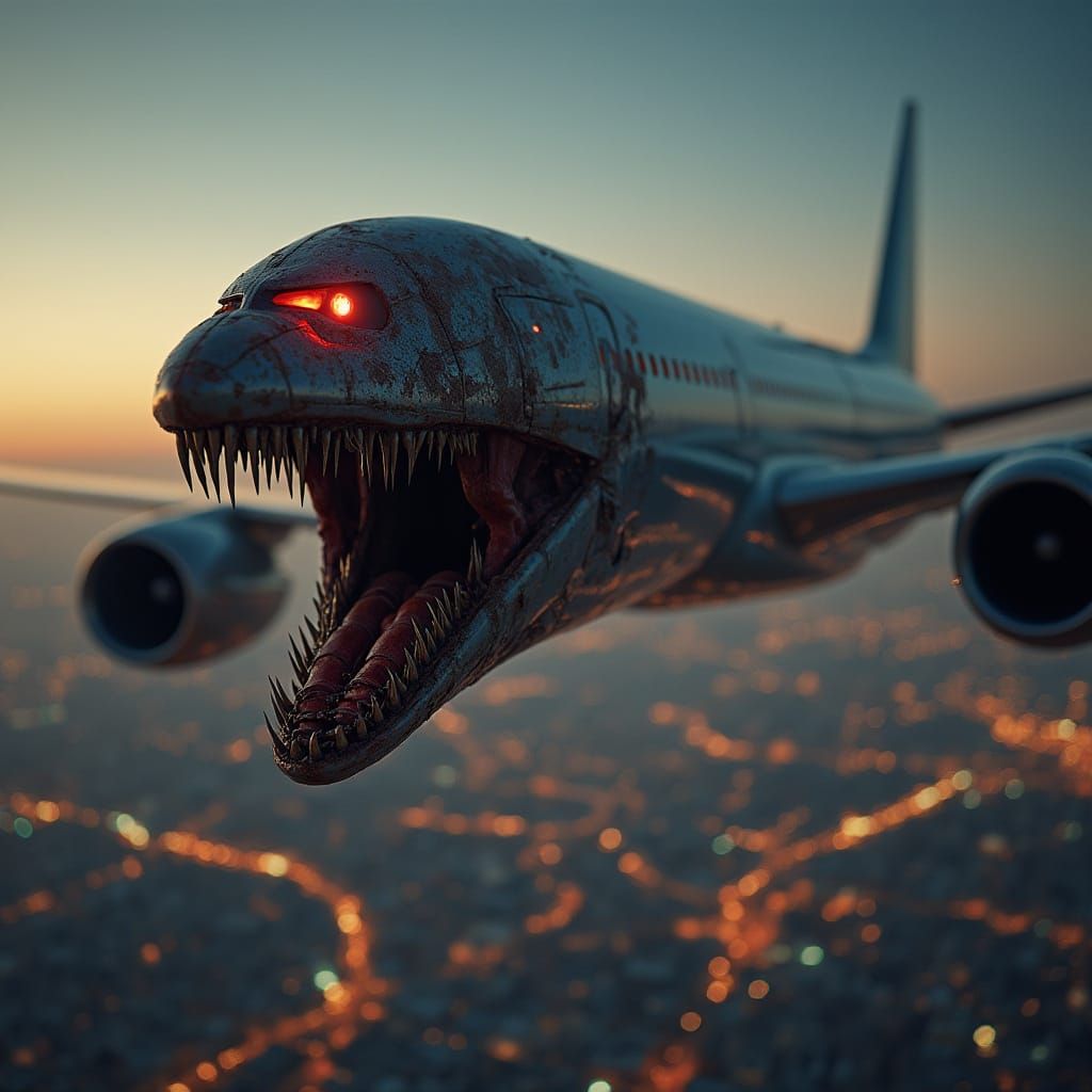 Gothic Mutant Boeing 787 Devours Airliner Over City at Dusk