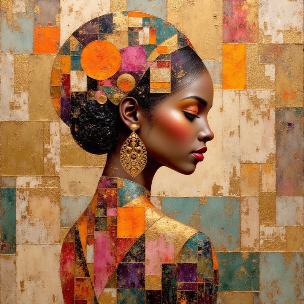 African Princess Silhouette in Vibrant Encaustic Art