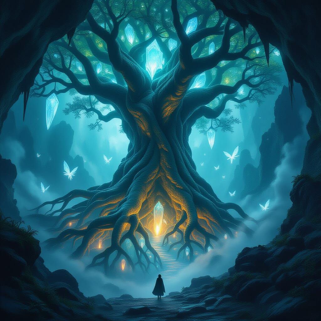 Ancient Bioluminescent Tree in Crystal Cavern
