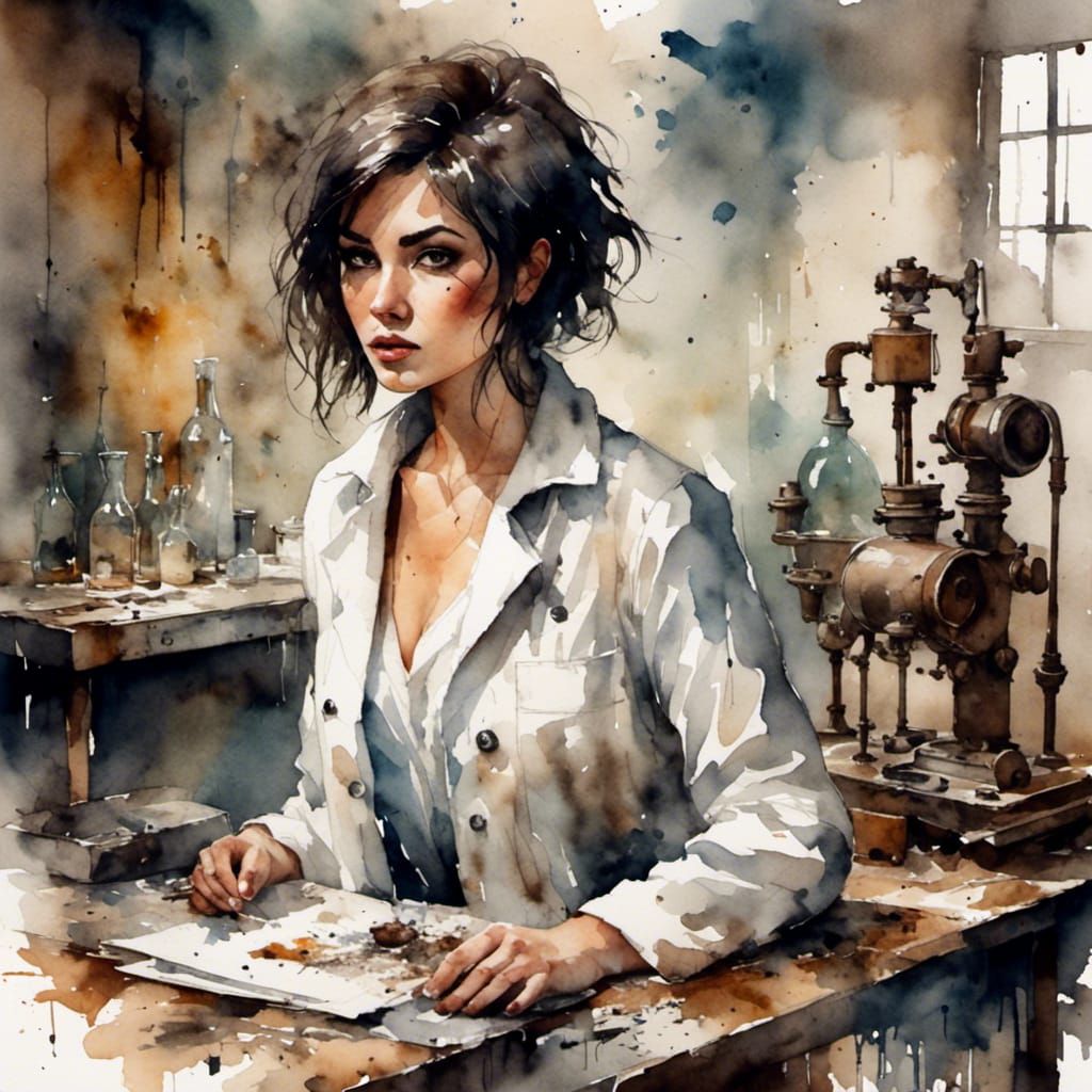 Brunette Alchemist in Antique Watercolor Style