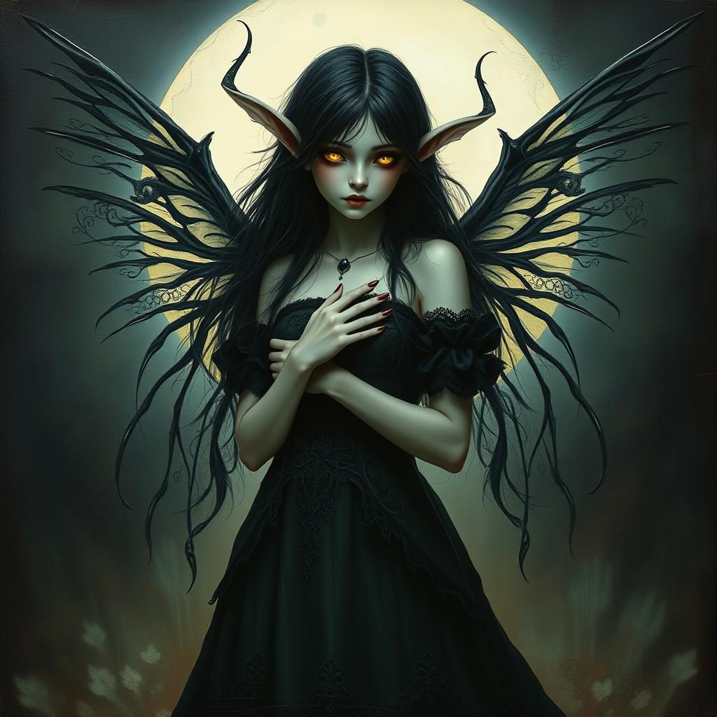 Gothic Fairy Elf in Dark Mystical Setting as Impasto Paintin...