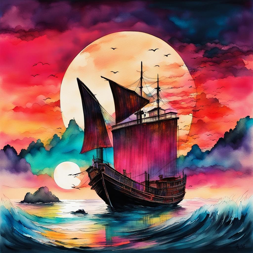 Vibrant Chinese Junk in Anime Style