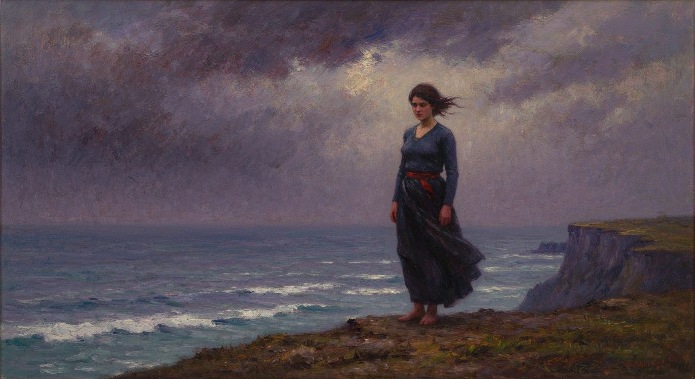 Impressionist Painting of Woman on Windswept Cliff