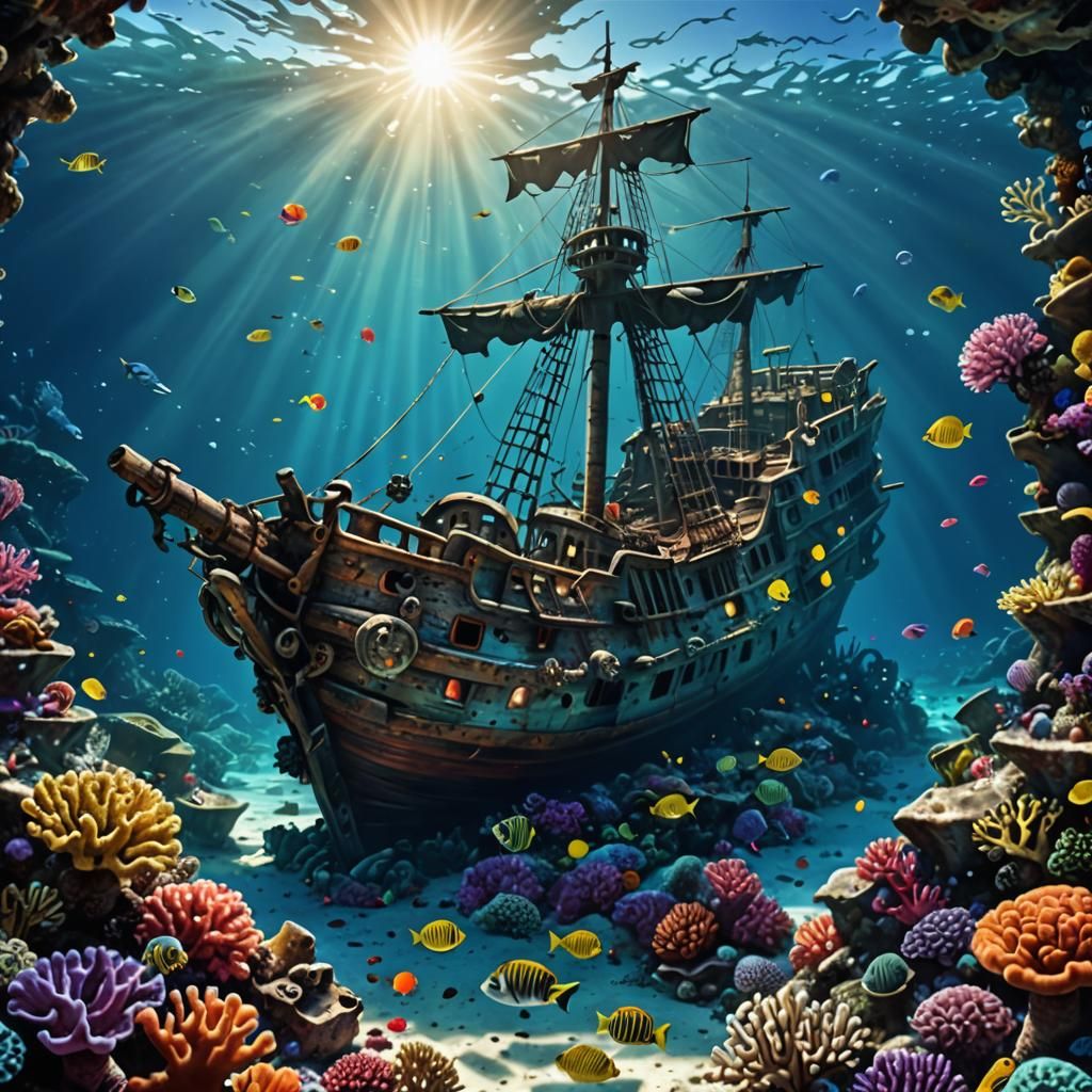 Underwater Pirate Shipwreck with Coral Reef
