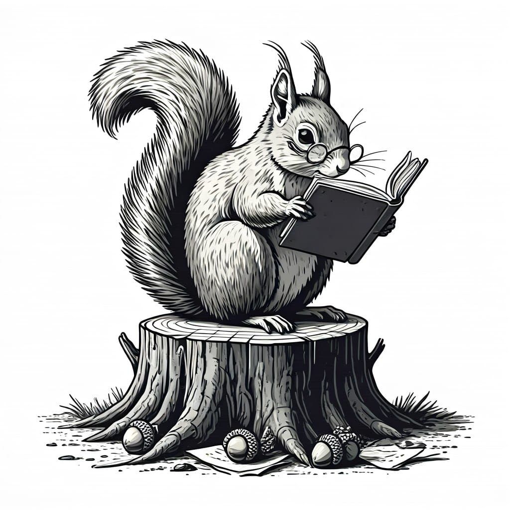Whimsical Squirrel Reads in a Classic Black and White Sketch