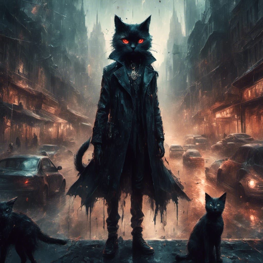 Macabre Witch and Cat in Modern City Center