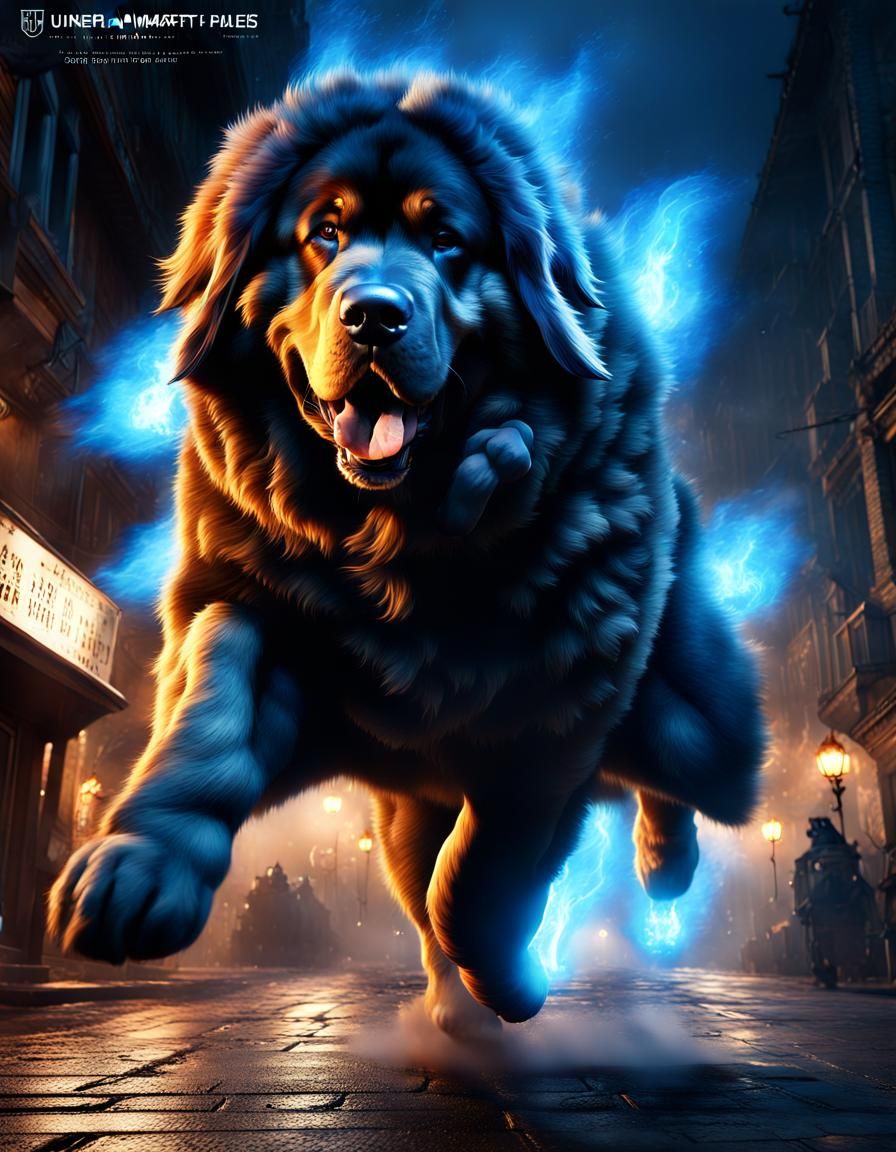 Magical Tibetan Mastiff Leaps in City Street
