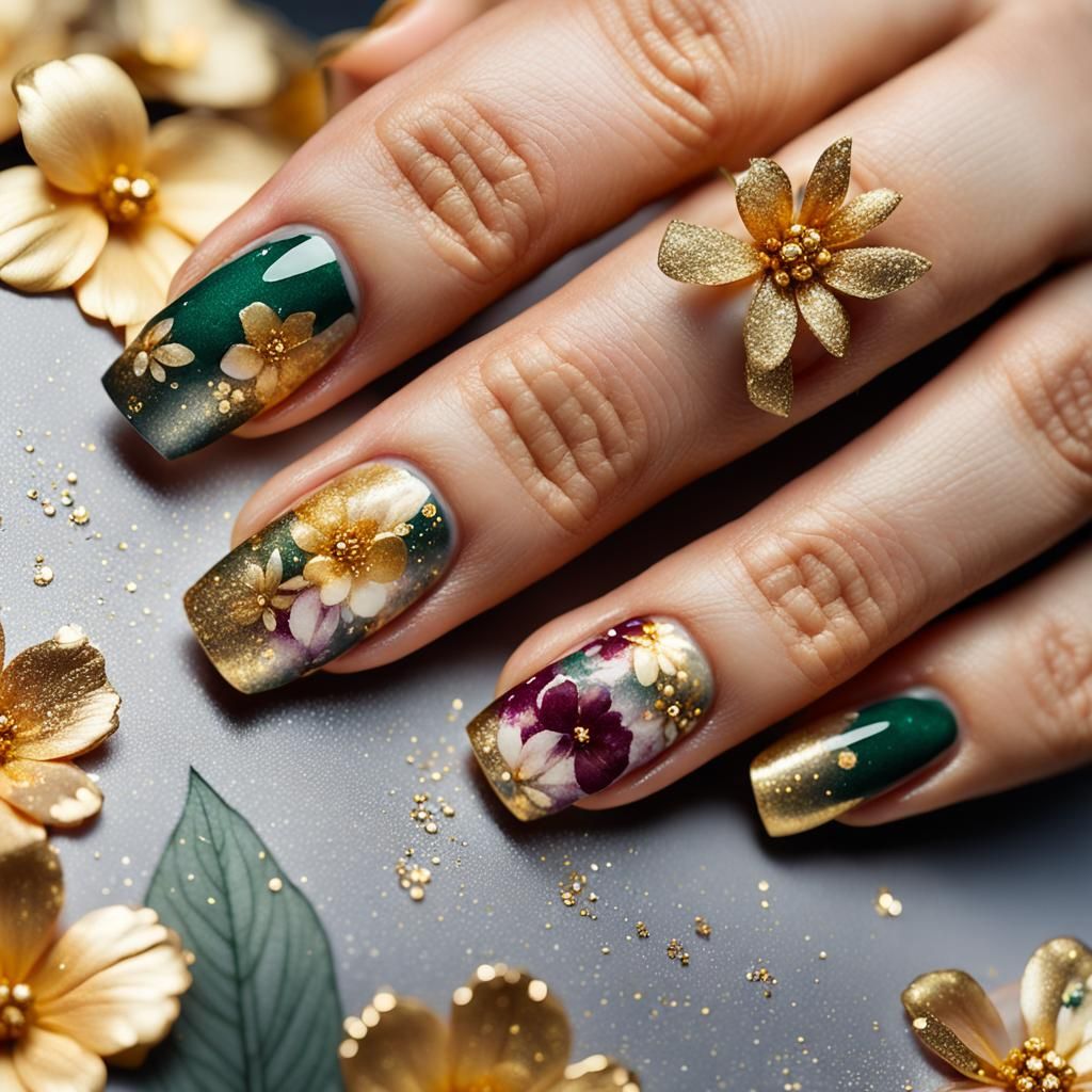 Golden Nails with Watercolor Flowers Nail Art
