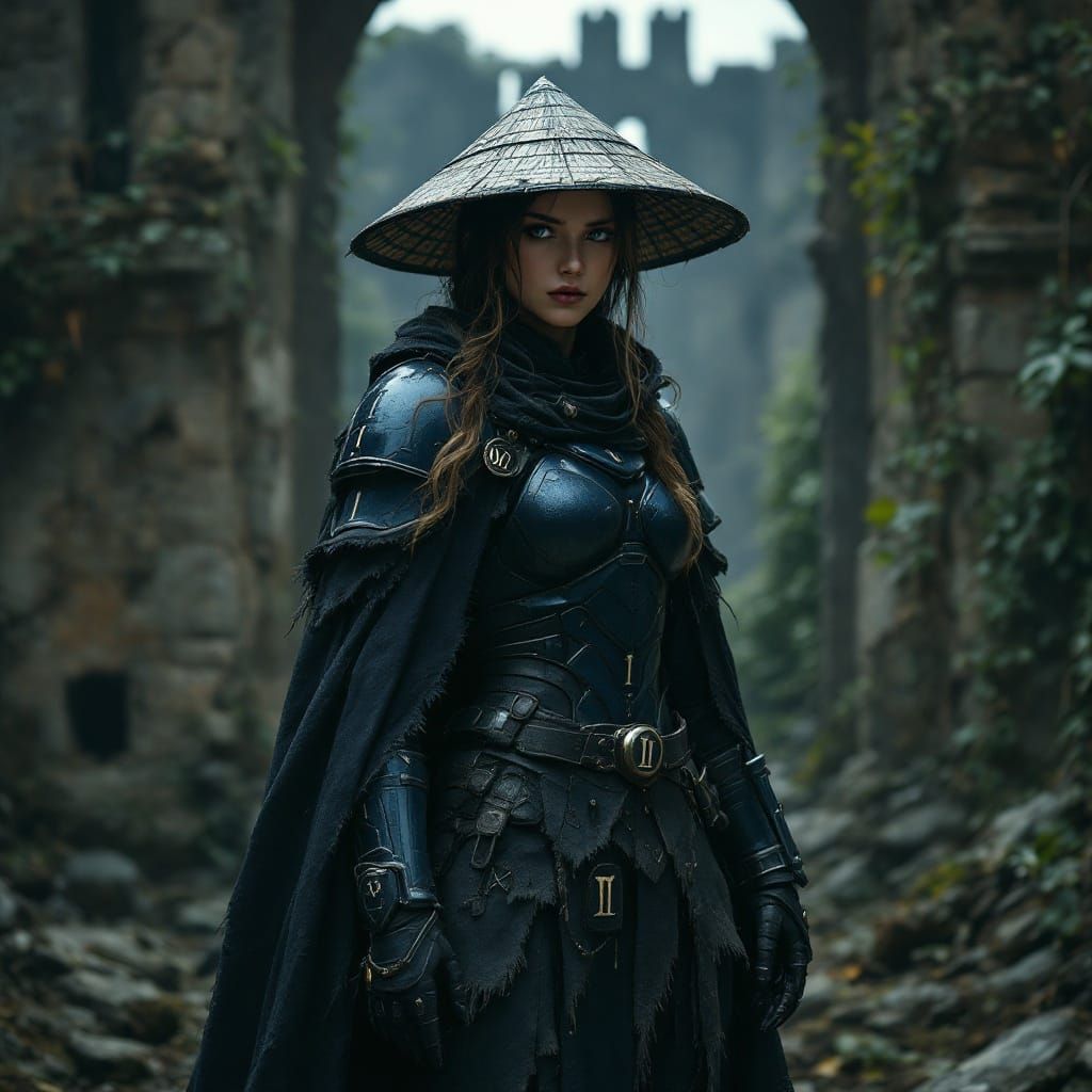 Warrior in Power Armor Stands Amidst Ruins