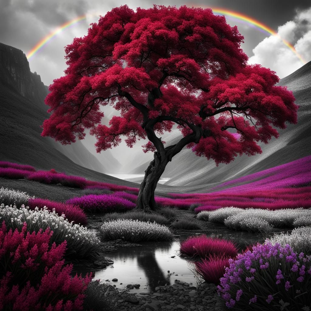 Purple Flowers Bloom in Monochrome Landscape