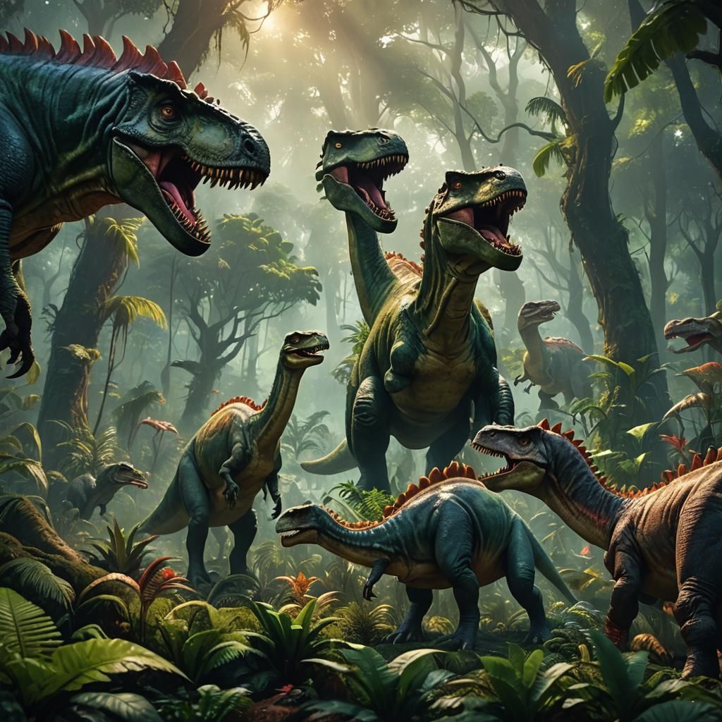 Dinosaurs Feeding in Lush Prehistoric Forest
