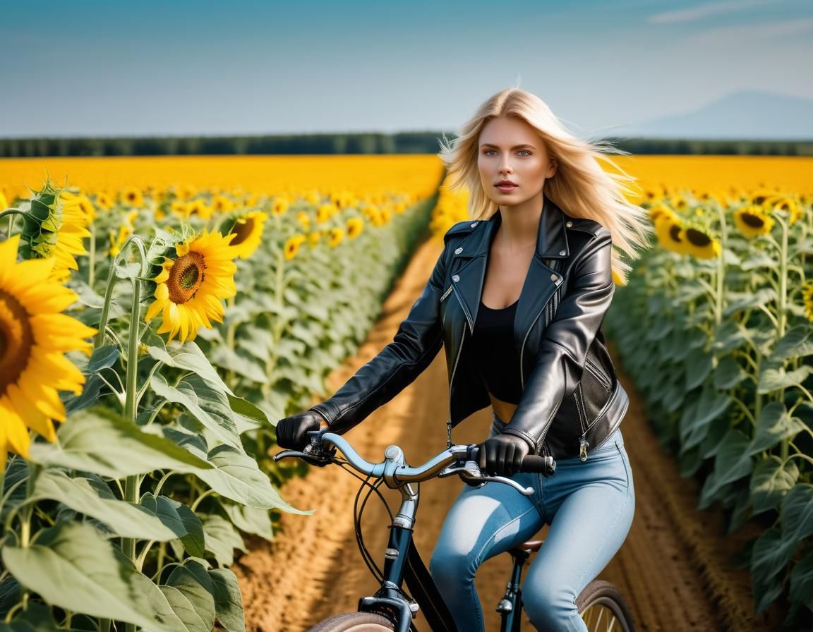 Woman Cycling Through Sunflowers: Ultrarealistic Photo