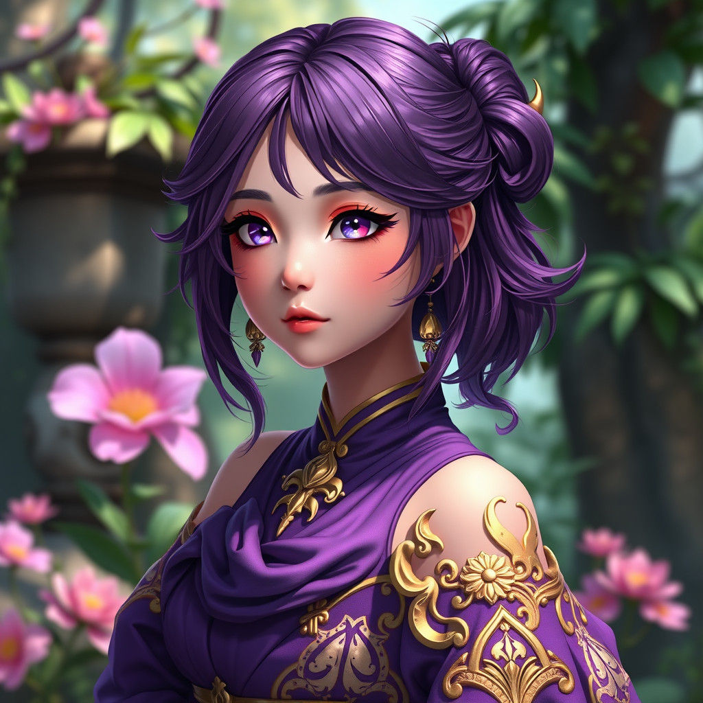 Anime Heroine with Purple Hair in Fantasy Landscape