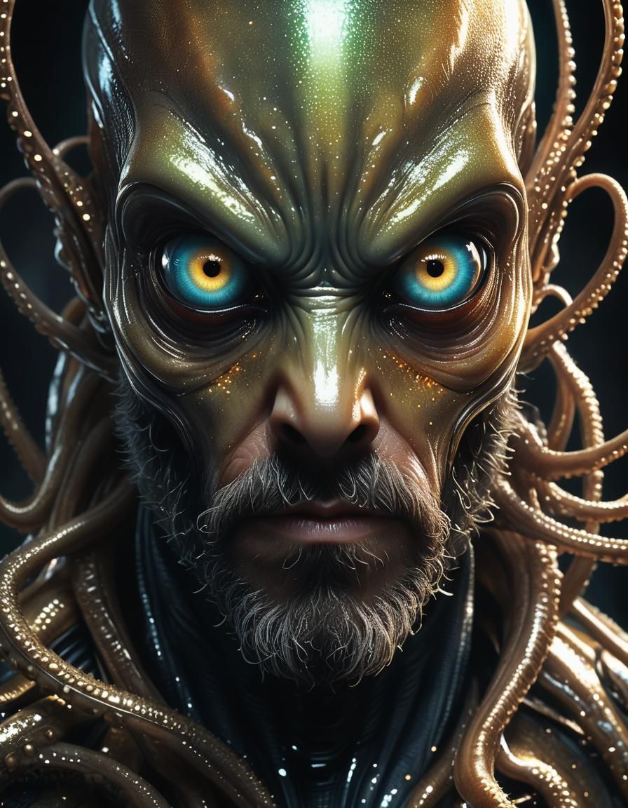 Hyper-Realistic Alien Portrait with Tentacles, Digital Illus...
