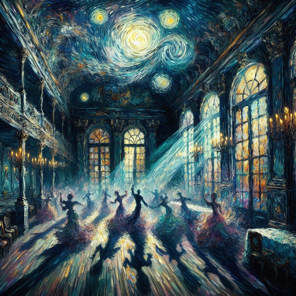 Whimsical Ballroom in Moonlit Splendor, Inspired by Van Gogh