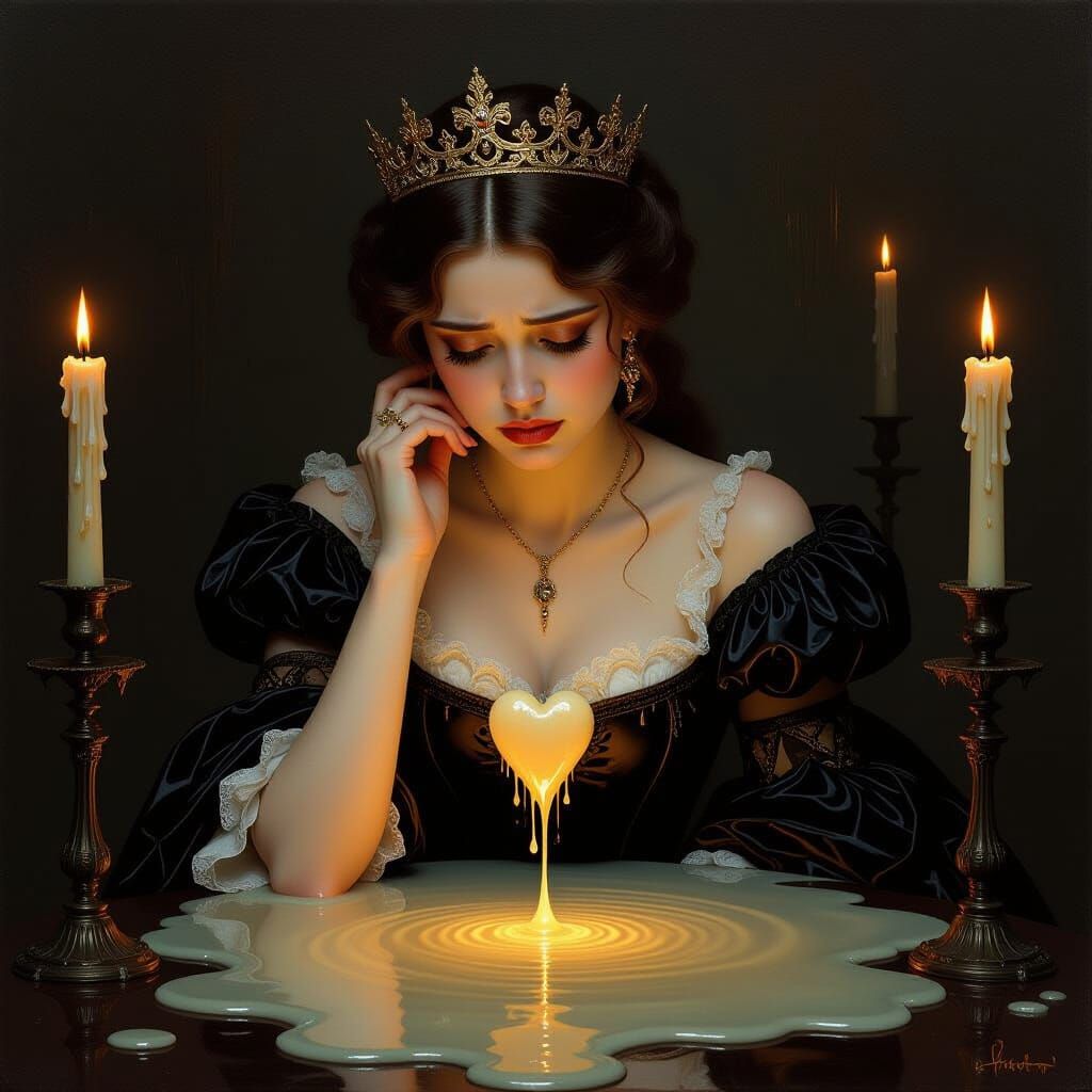 Queen Weeps Over Wax Heart in Candlelit Melancholy Oil Paint...