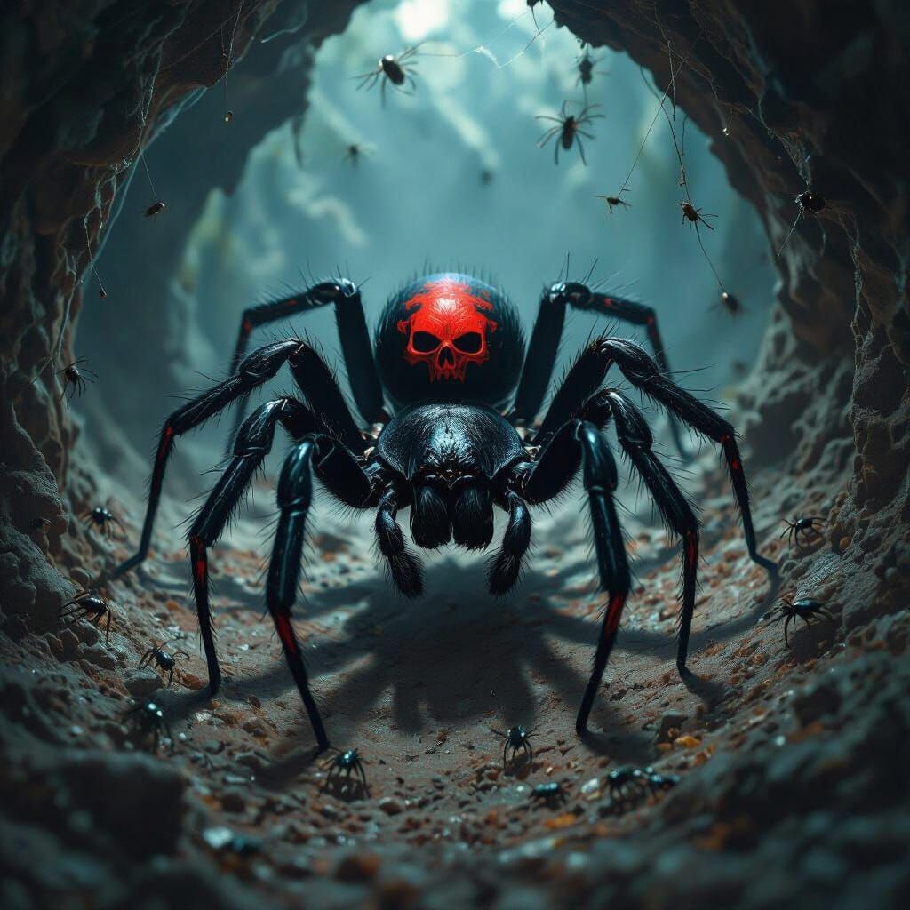 Black Widow Spider with Red Skull in Gothic Cavern
