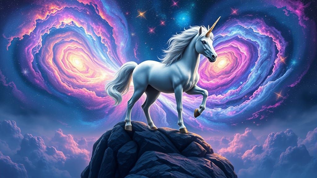 Majestic Unicorn Overlooking a Cosmic Galaxy, Hyperrealistic...