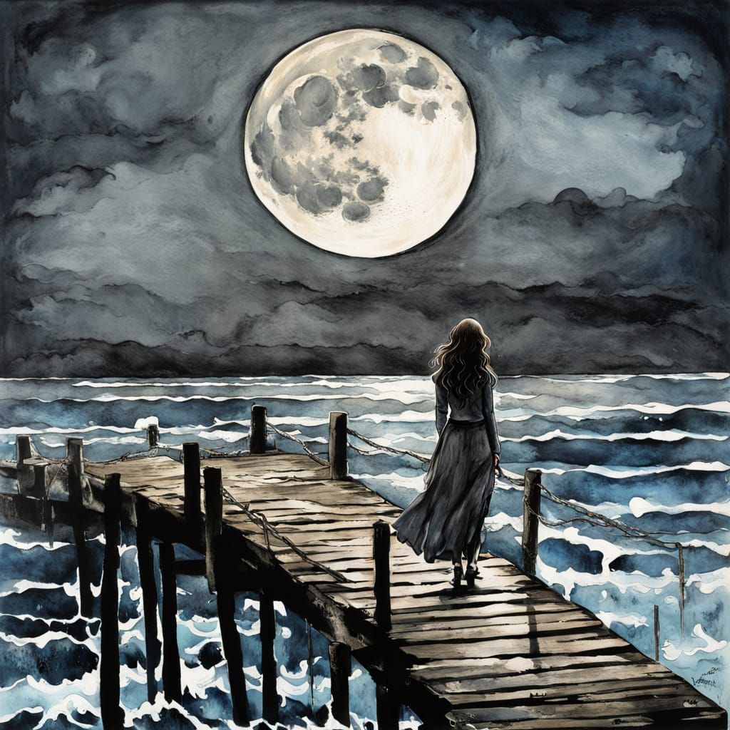 Woman on Dock Under Moonlight: Mixed Media Painting