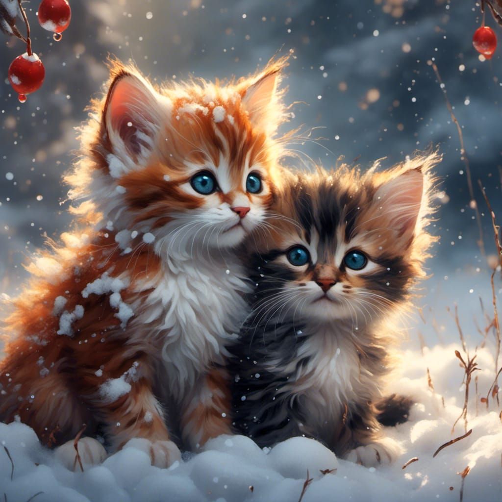 Kittens Cuddle in Snowy Oil Painting