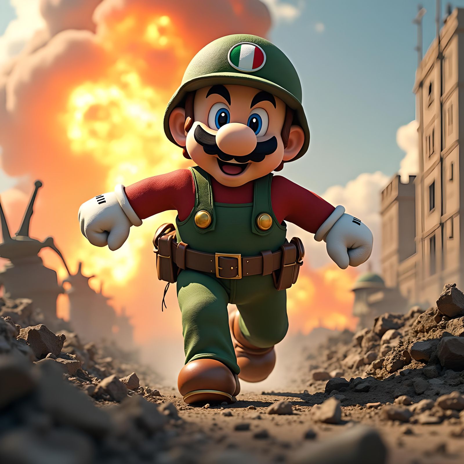 Realistic Mario as Army Soldier on Battlefield