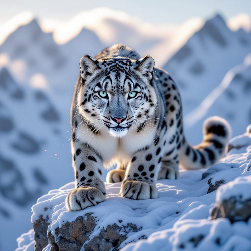 Snow Leopard on Jagged Ledge in Painterly Style