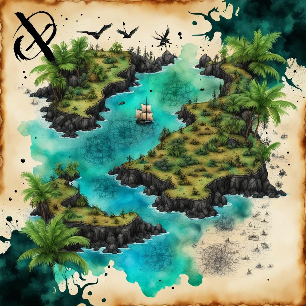 Detailed Treasure Map with Ink Splatters