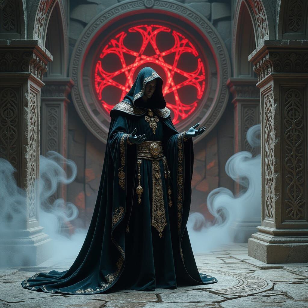 Medieval Chamber with Mystical Figure in Dark Fantasy Style