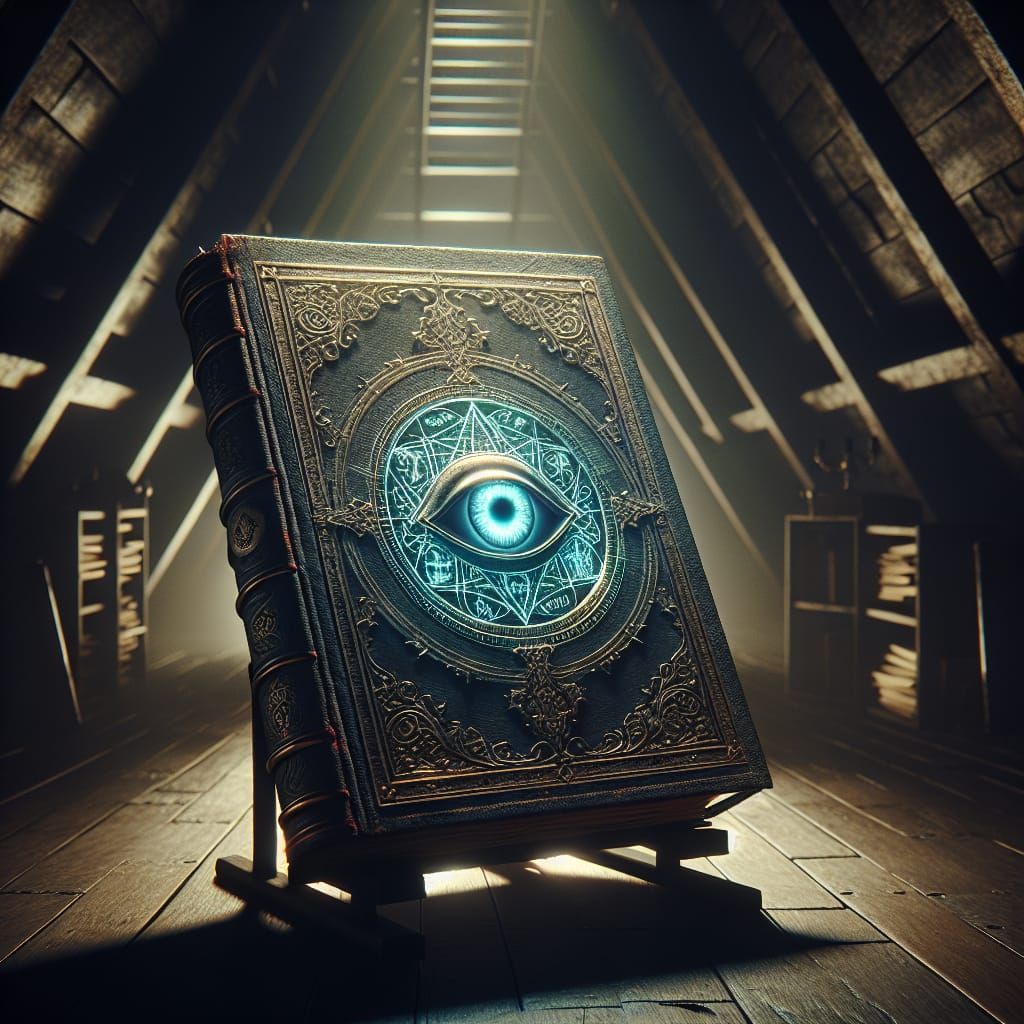 Glowing Magic Book in Dark Attic, Horror Art