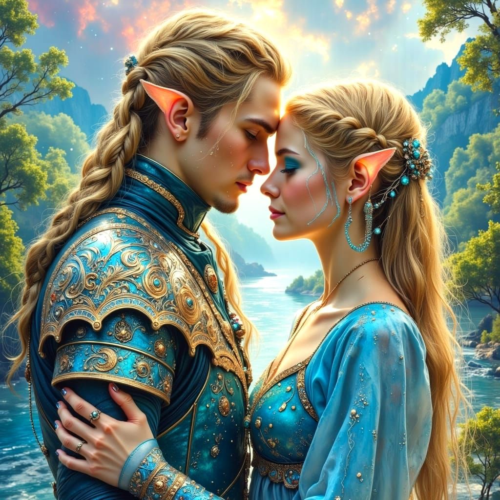 Peaceful Elven Lovers in Enchanted Landscape