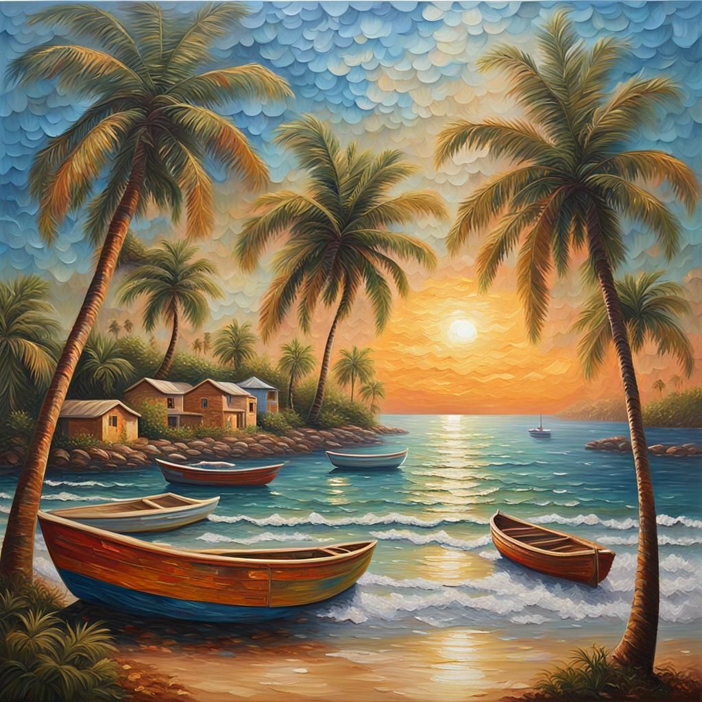 Serene Beach Scene in Acrylic Impasto Style