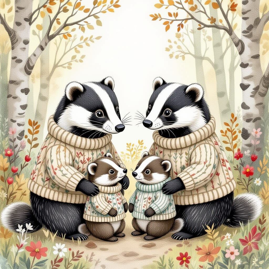 Badger Family in Sweaters, Watercolor Illustration