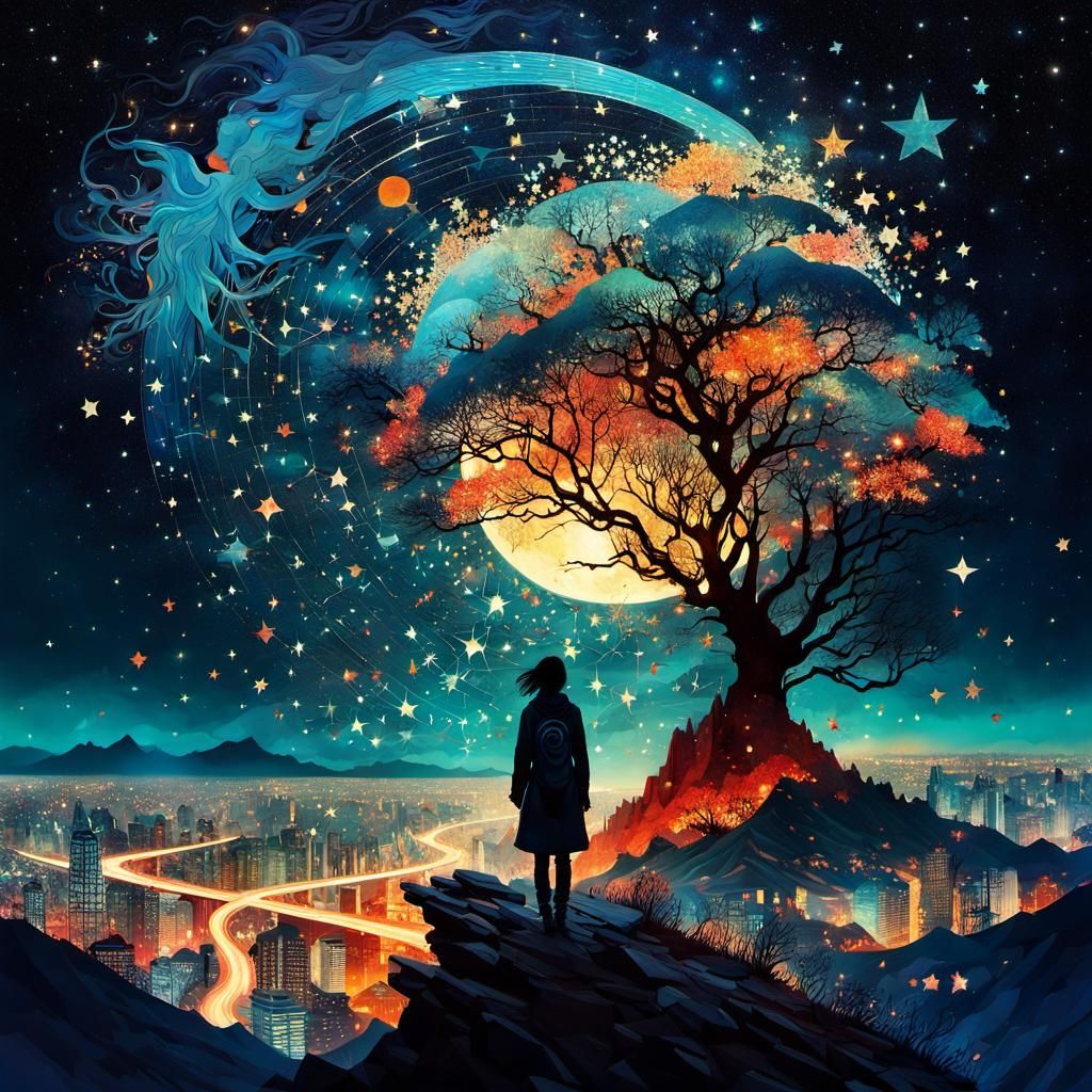 Starry Night Silhouette: A Vibrant Anime Collage