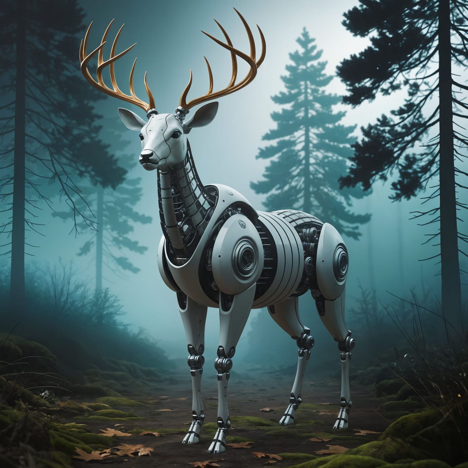 Robotic Deer in Misty Forest Digital Art