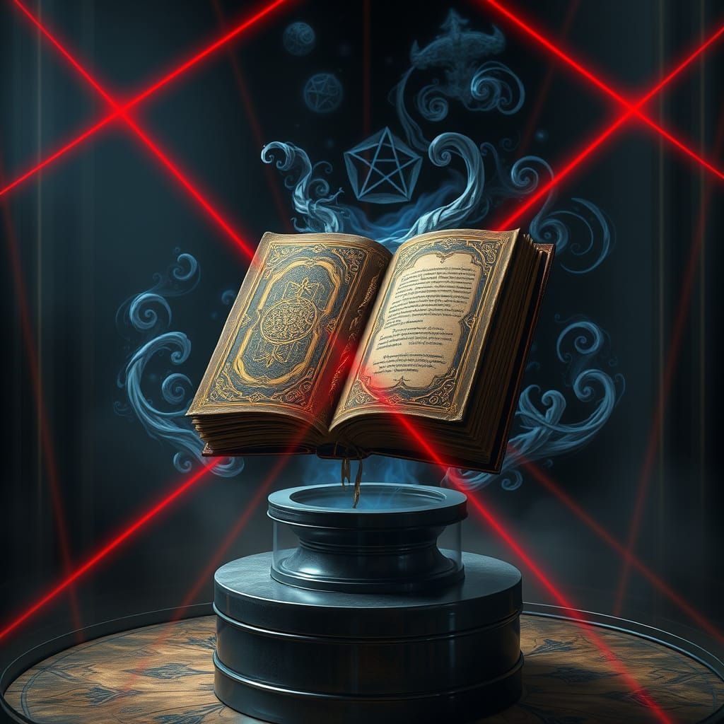 Ancient Spell Book in a Web of Crimson Lasers