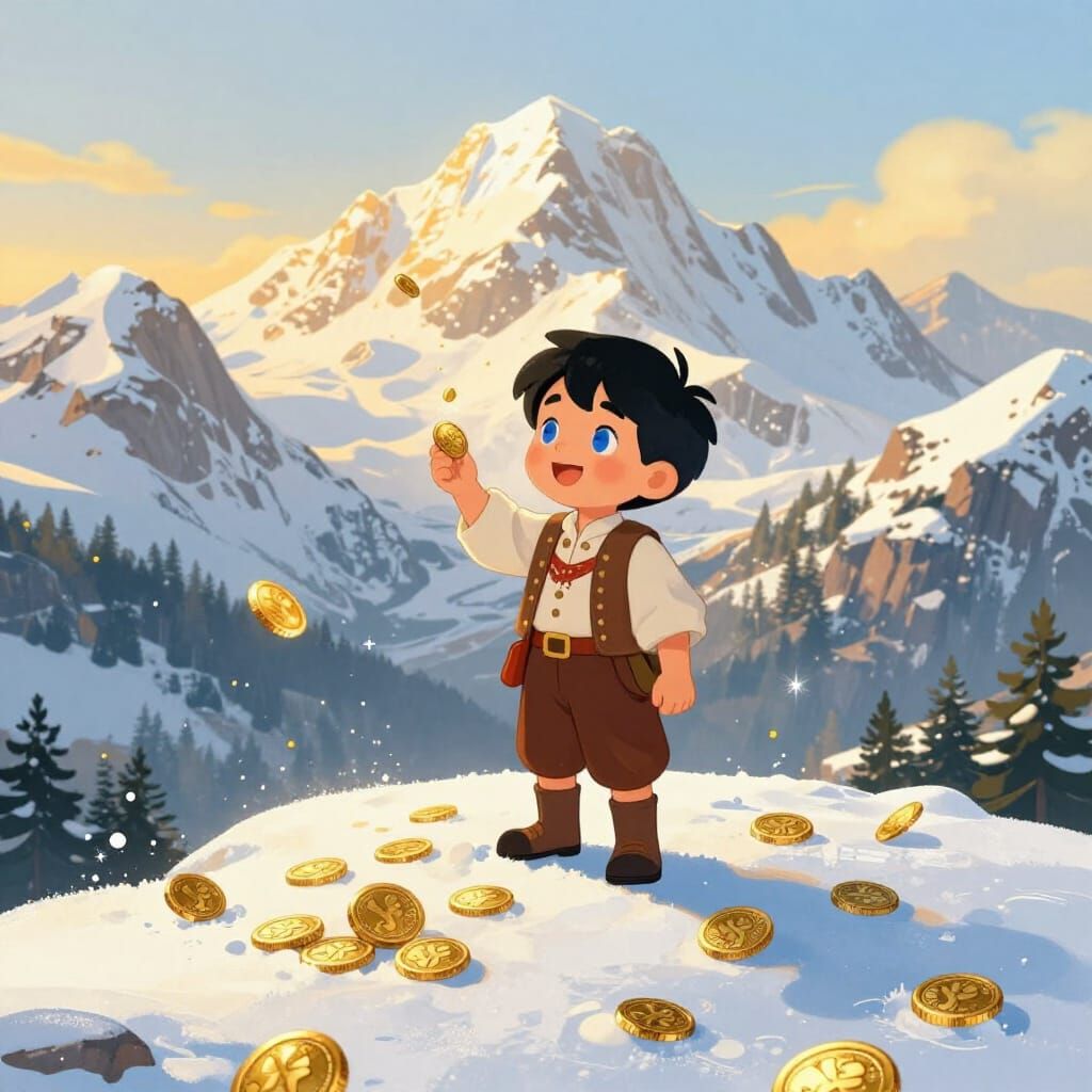 Cute Mountain Boy with Yodeli Coins in Swiss Alps